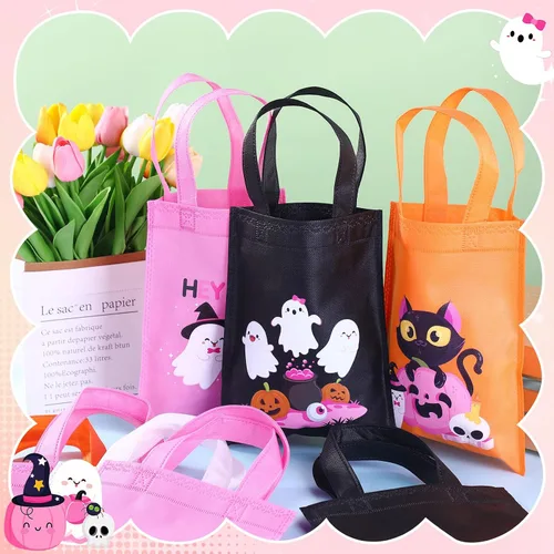 Miniatura 4 de Toulite 24 bolsas no tejidas de Halloween con asa a granel, bolsas reutilizables de regalo de vacaciones, fantasma, calabaza, araña, golosinas