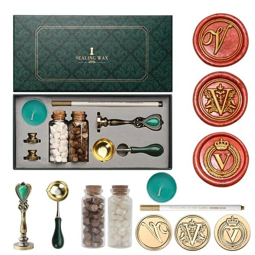 Miniatura 15 de Kit de sello de cera de letras Andotopee con sello de cera de alfabeto inicial G, 3 piezas, sellos de cera de cuentas perla blanca y dorada vintage