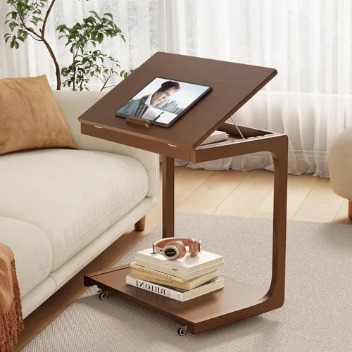 Miniatura 16 de AQIMUELE Mesa auxiliar de madera en forma de C, escritorio de sofá con 2 ruedas con cerradura, mesa de sofá de 4 niveles con bolsa de Natural