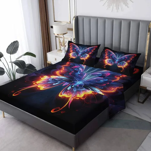 Juego de sábanas de mariposa tamaño King dividido, sábanas de mariposas y llamas, sábanas y fundas de almohada estampadas de 5 piezas, microfibra