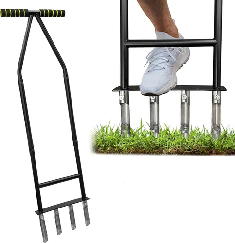 Herramienta de césped aireador, herramienta de césped con 4 dientes para jardinería, aireador manual de césped fácil de montar con material de acero