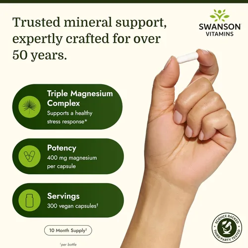 Miniatura 3 de Swanson Complejo triple de magnesio – Suplemento mineral – Soporte natural – Con citrato, óxido y aspartato
