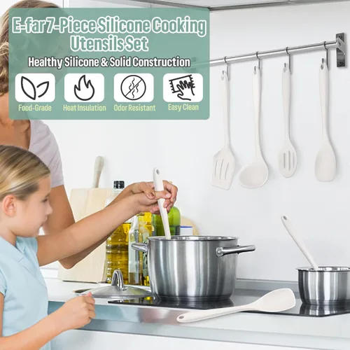 Miniatura 7 de E-far Juego de utensilios de cocina de silicona, juego de 7 piezas de utensilios de cocina resistentes al calor en color blanco, utensilios