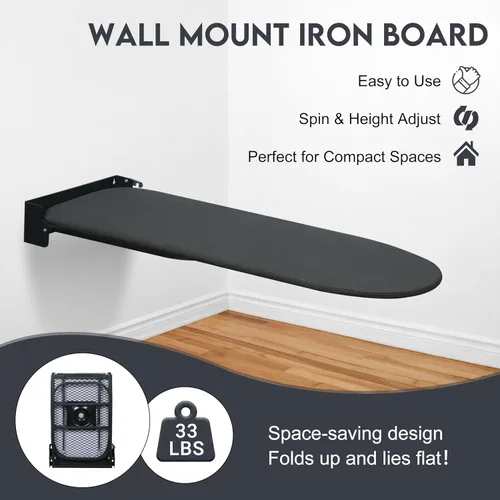 Miniatura 2 de Tabla de planchar para montar en la pared, compacta que ahorra espacio, tabla de hierro plegable para cuarto de lavado, 36 x 12 pulgadas, color negro