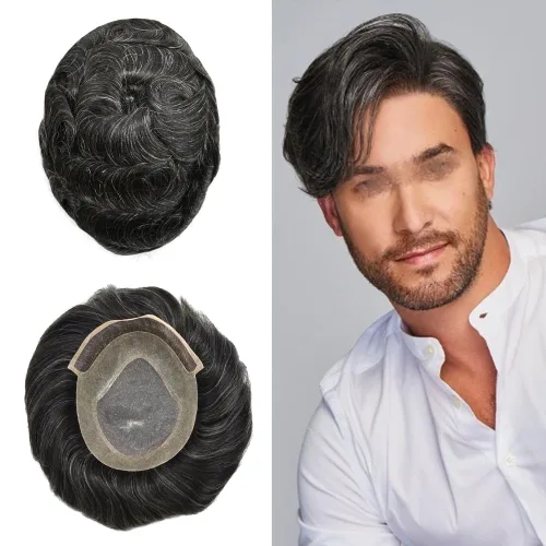 Miniatura 8 de Pieza de pelo de tupé para hombre, cabello humano real, frontal, línea capilar natural, sistema de reemplazo para hombres, unidades de cabello