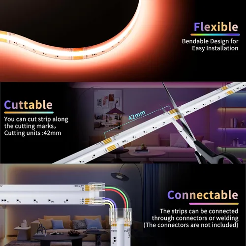 Miniatura 4 de PAUTIX - Tira de luces LED COB, 20 pies RGB+CCT 2700K-6500K luces LED blancas, tira de luces LED RGB regulable que cambia de color, con control