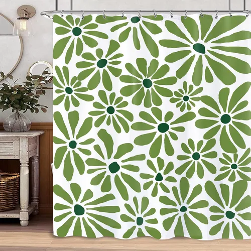 Miniatura 2 de Cortina de ducha de flores de margaritas verdes de los años 70, cortina de ducha floral abstracta para decoración de baño, 60 x 72 pulgadas