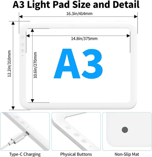 Miniatura 3 de TOHETO A3 Almohadilla de luz led recargable súper brillante alimentada por batería de litio de 3500mAh para desmalezar vinilo, placa de luz