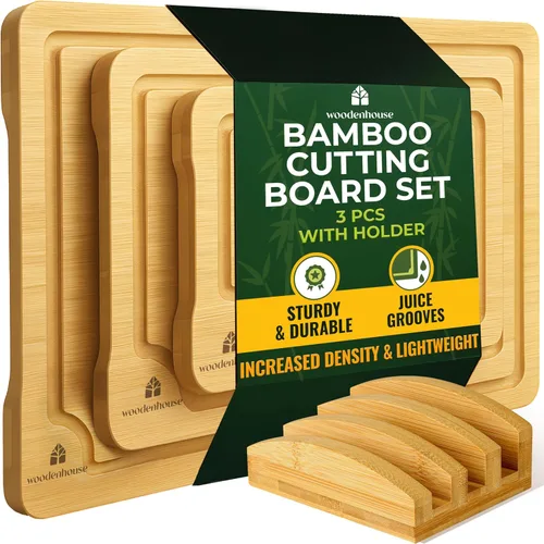 Juego de 3 tablas de cortar de bambú con soporte, tablas de madera duraderas para cocina, cortar y servir, ecológicas por Woodenhouse