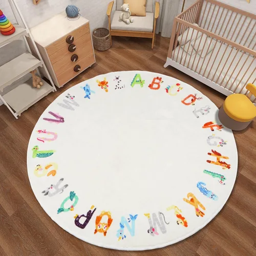 Alfombra redonda de 5.2 pies con diseño de animales ABC para niños, lavable, antideslizante, tapete educativo del alfabeto, bonita alfombra para