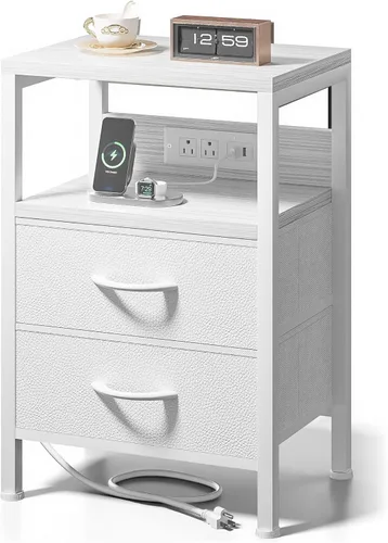 Miniatura 13 de Lazzanto Mesa de Noche Mesita de Carga para Dormitorio - Mesa de Noche con Estación de Carga, Mesita de Noche Moderna con Estante Abierto y 2