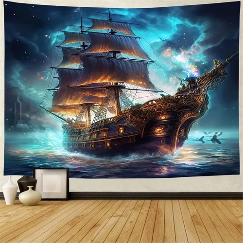 FENDROM Tapiz náutico Decoración Fantasma Velero Arte de Pared Fantasía Paisaje Océano Náutico barco pirata Onda Vela Luna Tapices Colgantes de