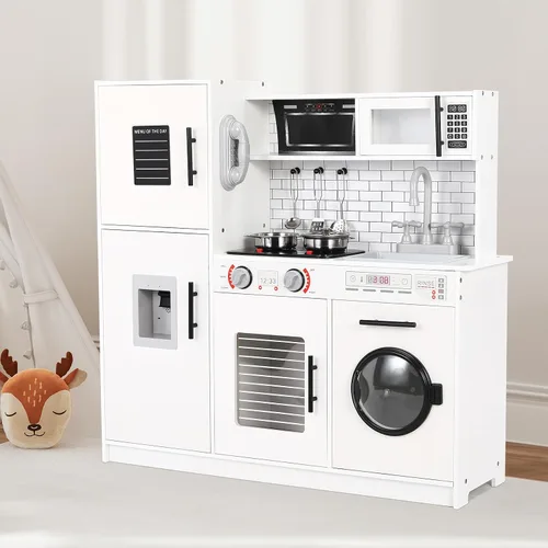Miniatura 8 de Arlopu Juego de cocina para niños, juego de juguetes de madera con diseño realista, sonidos de luces, ollas y utensilios para niños y niñas a partir