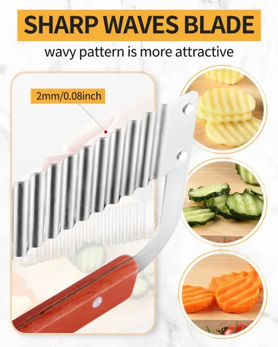 Miniatura 4 de Cortador Ondulado de Acero Inoxidable Rebanador de Papas Resistente Herramientas de Corte Ondulado con Mango de Madera para Zanahorias y Verduras