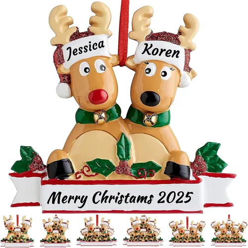 Adorno personalizado de ciervo para árbol de Navidad, familia de 2,3,4,5,6,7,8 nombres, lindo reno de Papá Noel, decoración de Navidad 2025, regalo
