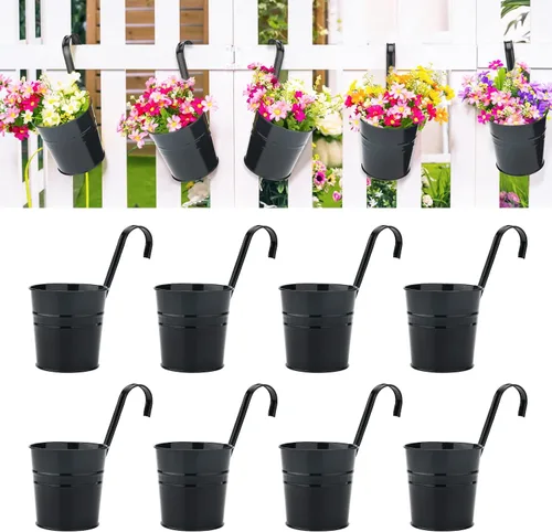 KINGLAKE Macetas de flores, 10 macetas de metal para colgar en hierro, balcón, jardín, plantas, cestas para vallas, 4 pulgadas, soportes para flores