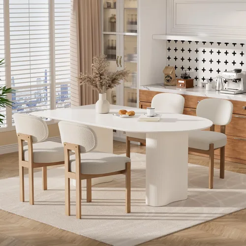 Miniatura 8 de Juego de mesa de comedor moderna para 6, 7 piezas, color crema, mesa de comedor ovalada blanca de 63 pulgadas con 6 sillas beige para apartamento, 1