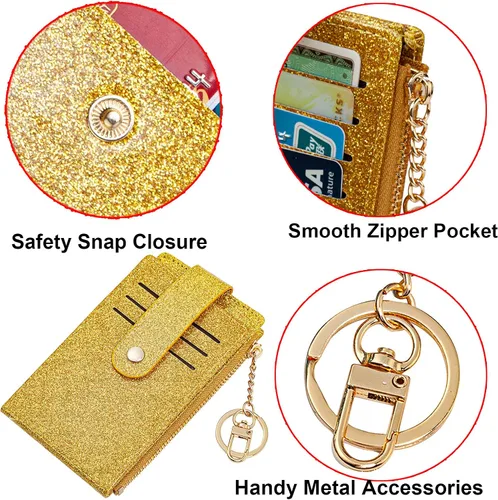 Miniatura 23 de Tarjetero delgado con bloqueo RFID, billetera de bolsillo pequeño, con cremallera Keychian para monedero, monedero y tarjetero para mujeres y hombres