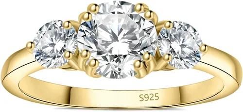 Miniatura 4 de JewelryPalace Classic 3 Stones Cubic Zirconia Engagement Rings for Women, 925 Sterling Silver 14K Gold Plated Promise Ring for Her, Round Cut