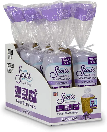 Bolsas de basura pequeñas de Color Scents - 4 galones, 480 bolsas en total (8 paquetes de 60 unidades), cierre de solapa - Bolsa lavanda con aroma a