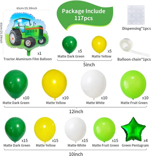 Miniatura 3 de Kit de guirnalda de globos de color verde oscuro, amarillo y blanco, 117 globos de tractor verde lima, amarillo y blanco, fiesta de cumpleaños