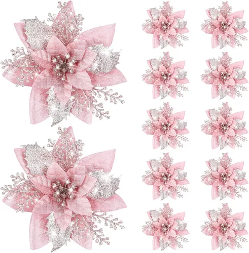 Miniatura 15 de Canlierr 12 piezas flores de Pascua de Navidad de 5.7 pulgadas con purpurina, flores artificiales con clips, adorno de árbol de Navidad para corona