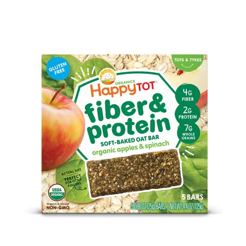 HAPPYTOT Organics Barras de Avena Horneadas Suaves con Fibra y Proteína Snack para Niños Pequeños Manzana y Espinaca, Barras de 0.88 Onzas, Caja de