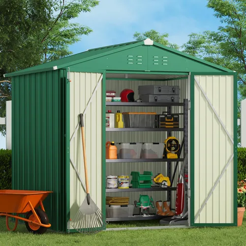 Miniatura 19 de Gizoon Cobertizo de almacenamiento para exteriores de 8 x 6 pies, cobertizo de jardín de metal galvanizado con puertas dobles con cerradura, Marrón
