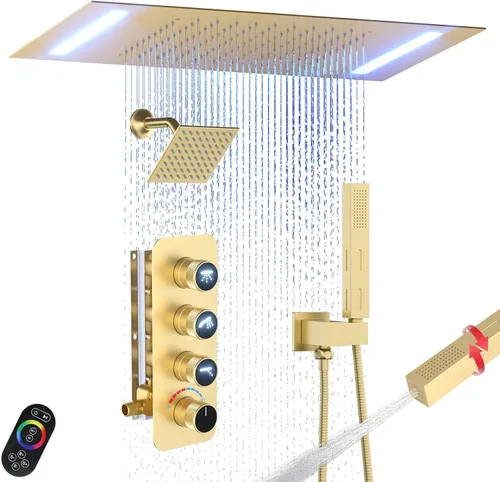 Enga Sistema de cabezal de ducha doble, cabezal de ducha LED de lluvia de 14 x 20 pulgadas con cabezal de pared de 6 pulgadas, juego de grifo de Oro