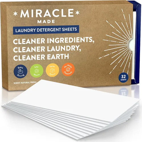 Miracle Made Hojas de detergente para ropa sin líquido, ultraconcentradas, ahorran espacio, sin plástico, sin tintes, blanqueador ni parabenos, 32