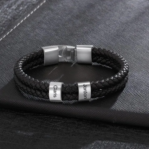 Miniatura 4 de Pulseras de cuero personalizadas para hombre, pulsera con nombre para papá, grabado gratuito, cuentas de nombre de familia, pulseras