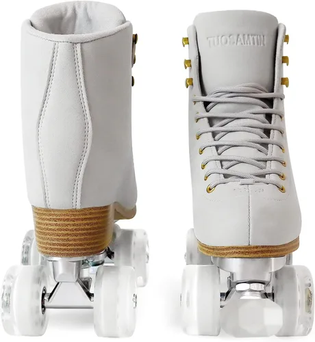 Miniatura 4 de Patines de ruedas para mujer o hombre con topes de goma ajustables en altura, patines retro de gamuza cuádruples para exteriores e interiores Gris