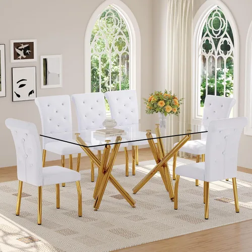 Miniatura 12 de Ebullient Moderno juego de mesa de comedor para 6, mesa de comedor de cristal de 71 pulgadas y patas de mesa de metal dorado, mesas de comedor