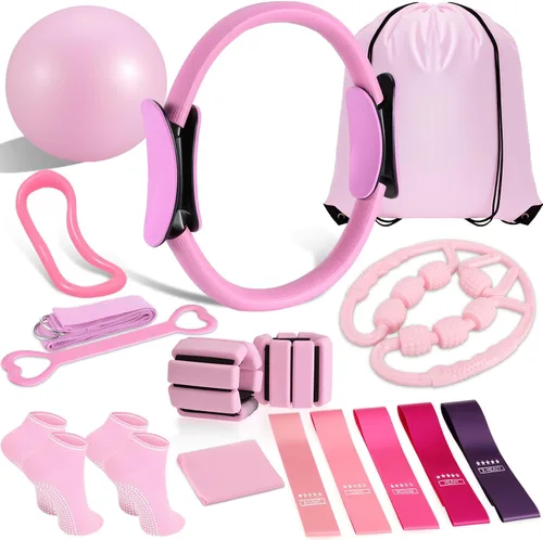 LiKiLiKi Juego de anillos de pilates – Equipo de pilates para mujer con círculo mágico de pilates y juego de pelotas, bandas de resistencia, bolas