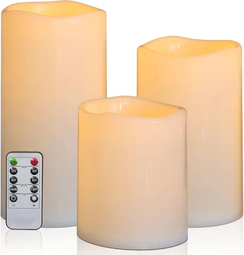 Miniatura 9 de Velas sin llama impermeables extra grandes para exteriores de 12" x 5" que funcionan con baterías, velas LED parpadeantes tipo pilar con control