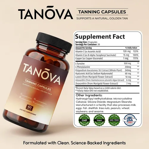 Miniatura 5 de Tanova Píldoras Bronceadoras – Apoya un Brillo Dorado Natural, Resistencia de la Piel y Anti-Envejecimiento Contra el Estrés Oxidativo Inducido por