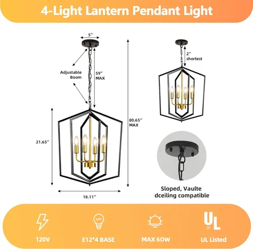 Miniatura 4 de WJShome 46 cm de diámetro Candelabro negro y dorado, lámpara de comedor estilo granja de 4 luces, lámparas modernas de vestíbulo, lámpara colgante