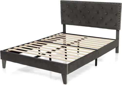 Miniatura 9 de KOMFOTT Base de cama tapizada tamaño matrimonial, base de cama de plataforma con cabecera copetuda y estribo acolchado suave, base de colchón
