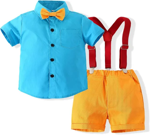 Kimocat Conjunto de traje casual de verano para bebé y niño manga corta pajarita tirantes y pantalones cortos