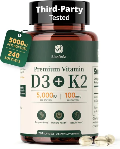 Miniatura 10 de Vitamina D3 K2 5000IU 100mcg MK-7, 120 cápsulas blandas, sin gluten, suplemento de vitamina K2 D3 2 en 1 para la salud ósea y cardíaca, apoyo