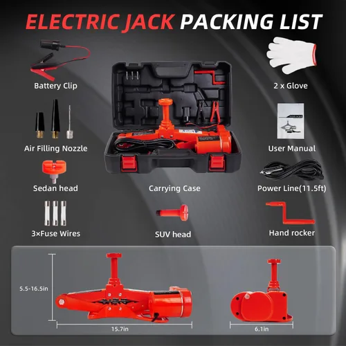 Miniatura 2 de STANDTALL - Gato eléctrico para autos 3T, gato de piso de tijera, juego de elevador automático de 12V, kit de reparación de neumáticos para Rojo