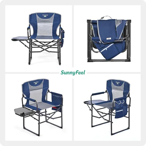 Miniatura 7 de SUNNYFEEL Silla de camping para directores, silla plegable portátil de gran tamaño con mesa lateral, bolsillo para playa, pesca, viaje, picnic, Azul