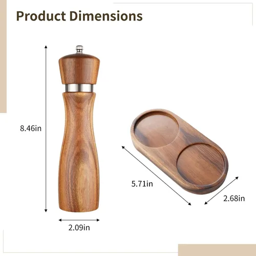 Miniatura 4 de Molinillo de pimienta de madera de acacia de 8 pulgadas con anillo de acero, juego de molinillo de sal y pimienta con cuchara y base, regalo