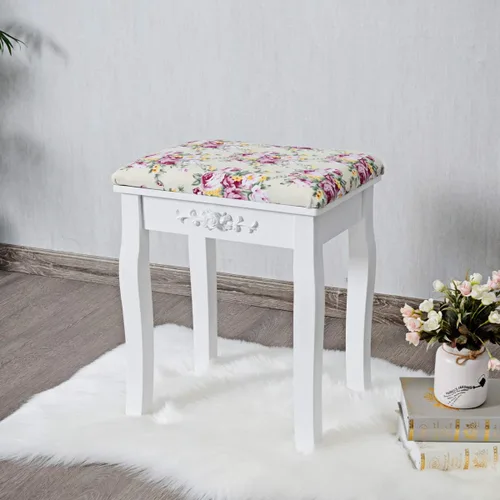 Miniatura 7 de Giantex Taburete de tocador de madera, silla acolchada, asiento de piano de maquillaje, banco de maquillaje con cojín rosa (blanco)