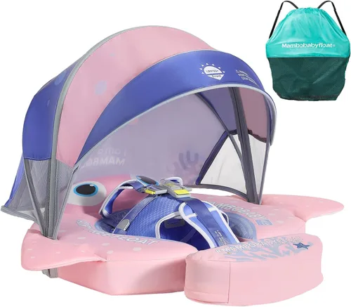 Miniatura 9 de Mambobaby Flotador con Toldo y Cola Nuevo Mejorado Flotador de Piscina No Inflable para Bebé Flotador de Natación Mambo Entrenador de Natación azul