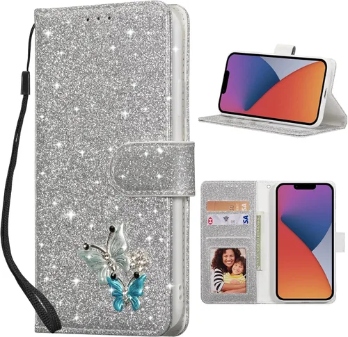 Miniatura 10 de UEEBAI Funda tipo cartera para iPhone 11, funda de piel sintética con purpurina para teléfono, ranuras para tarjetas, funda con función atril