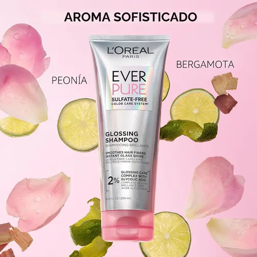 Miniatura 5 de L'Oréal Paris Champú sin sulfato con brillo y ácido glicólico EverPure, cuidado del cabello para brillo duradero y suavidad para cabello opaco