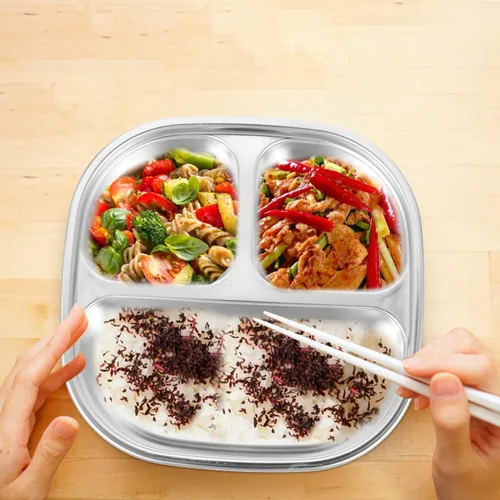 Miniatura 2 de Sosoport Plato de almuerzo dividido de acero inoxidable 304 con tapa, bandeja de alimentos reutilizable para niños y adultos, ideal para camping