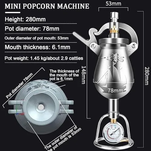 Miniatura 7 de Mini máquina de palomitas de maíz de mano retro, máquina de palomitas de maíz de acero inoxidable de alta presión, estilo chino vintage, ideal