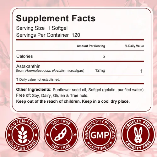 Miniatura 8 de Paquete de 2 suplementos antioxidantes de astaxantina de 12 mg, premium con actividad antioxidante, apoya los ojos, el sistema inmunológico